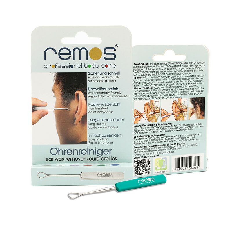 Verpackung mit Ohrenschlinge und Produktabbildung. Text: Ohrenreiniger, ear wax remover. Marke: remos.