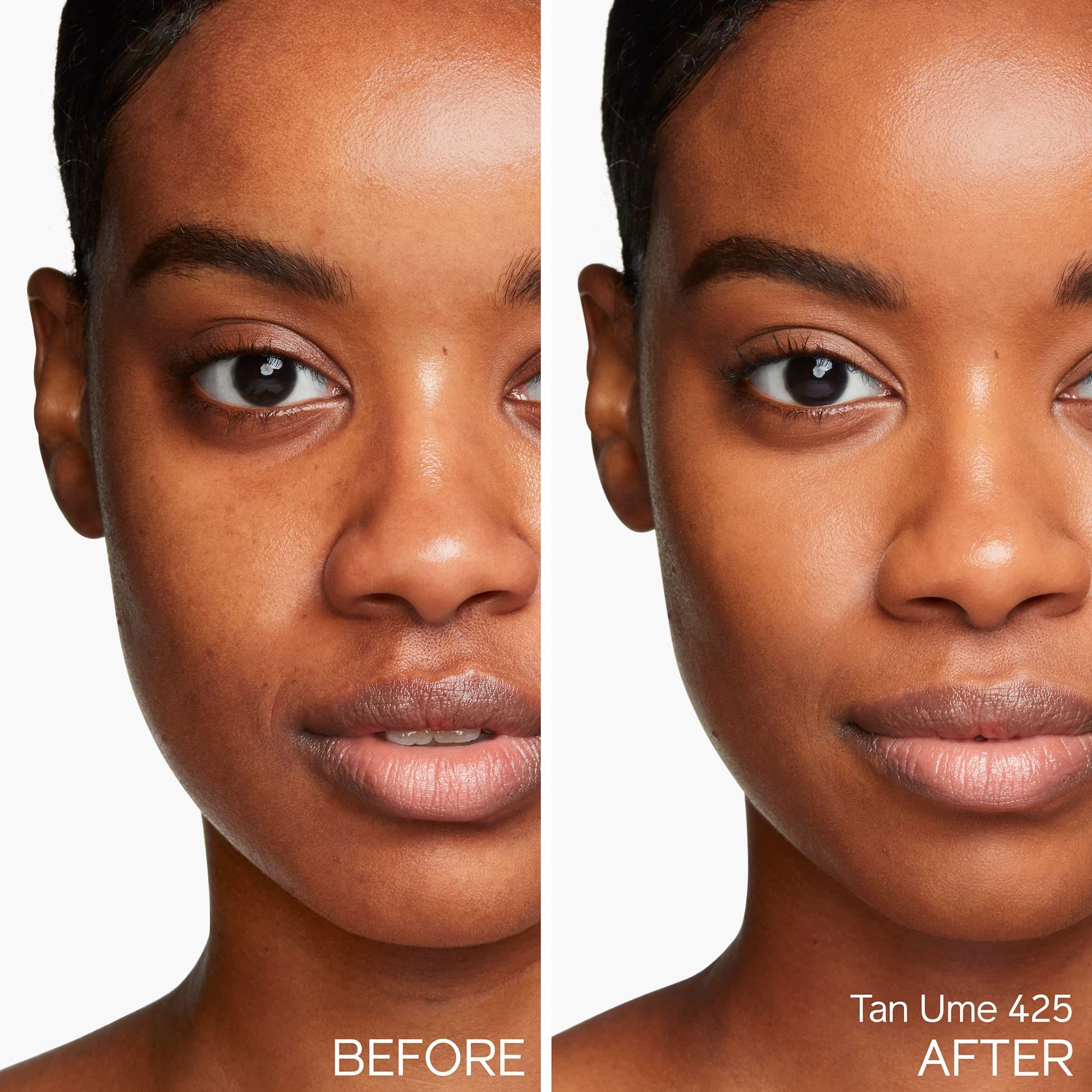 Gesicht einer Frau. Links: Vorher. Rechts: Nachher. Farbton: Tan Ume 425.