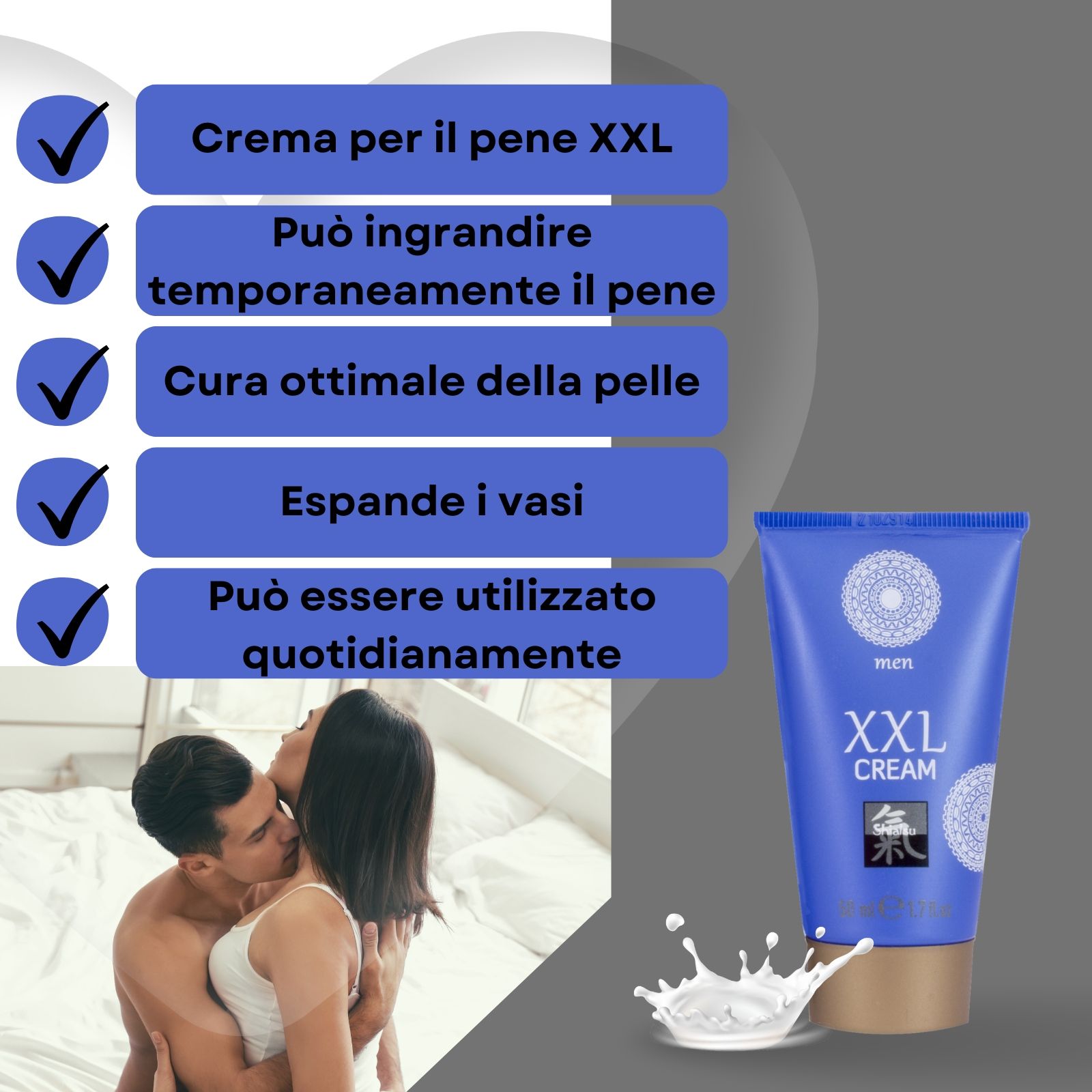 Tubo blu e oro e lista di testo. Crema per il pene XXL. Uomo e donna sullo sfondo.