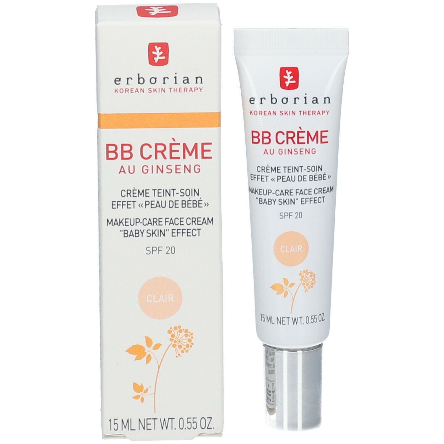 Produktverpackung mit Tube. Weiße Schachtel und Tube mit roter Schrift. BB Crème au Ginseng Clair, SPF 20.