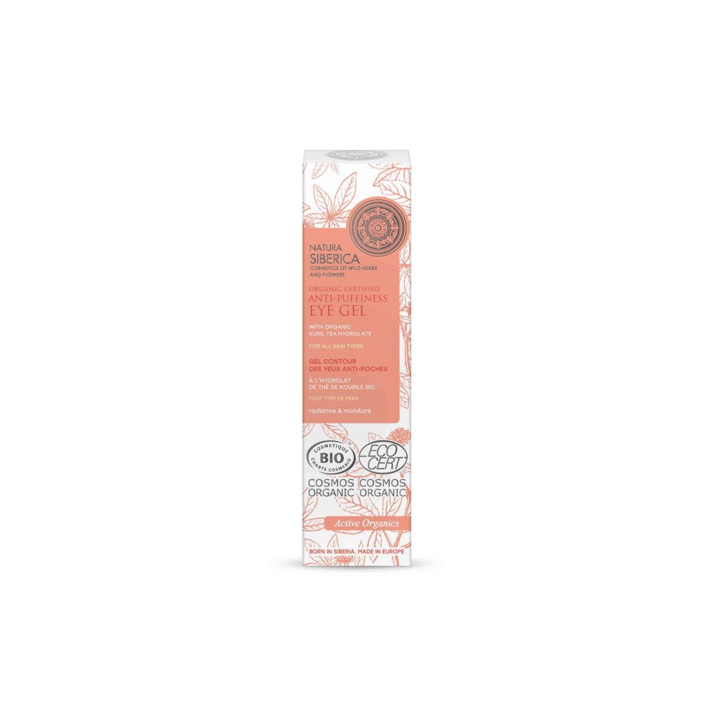 Verpackung mit Produktinformationen und Bio-Zertifizierung. Text: Anti-Puffiness Eye Gel, Natura Siberica, Cosmos Organic.