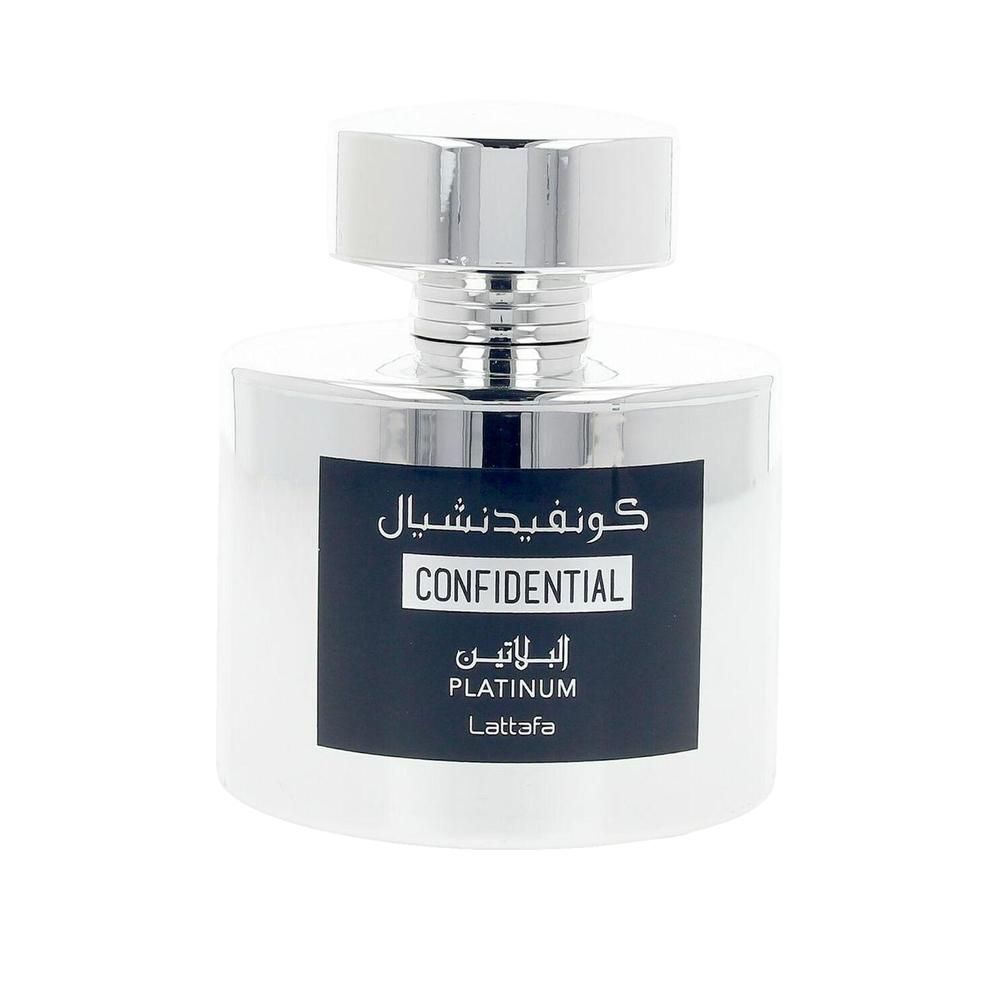 Transparenter Flakon mit silbernem Verschluss und schwarzem Etikett. Aufschrift: CONFIDENTIAL PLATINUM. Lattafa.