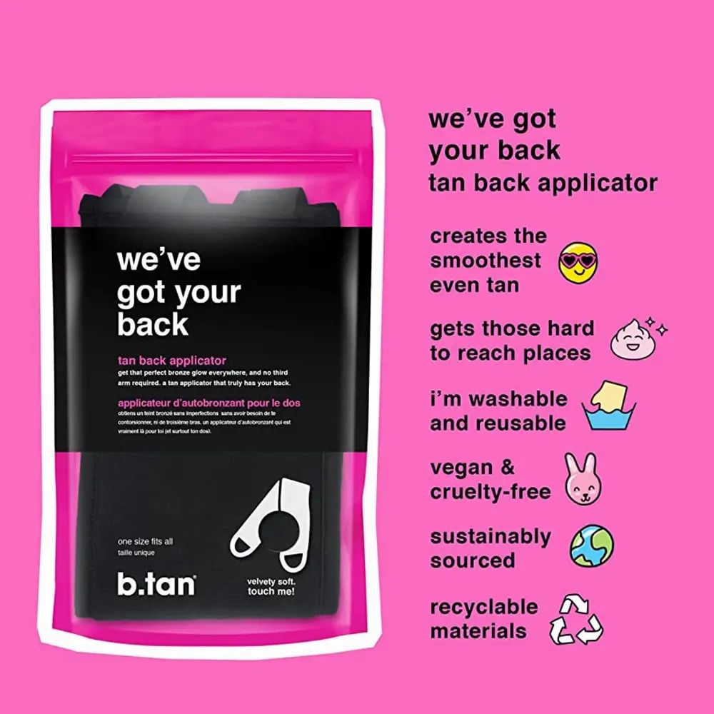 Pinke Verpackung mit schwarzem Applikator. Text: We've got your back, tan back applicator, vegan & cruelty-free, recyclebare Materialien.