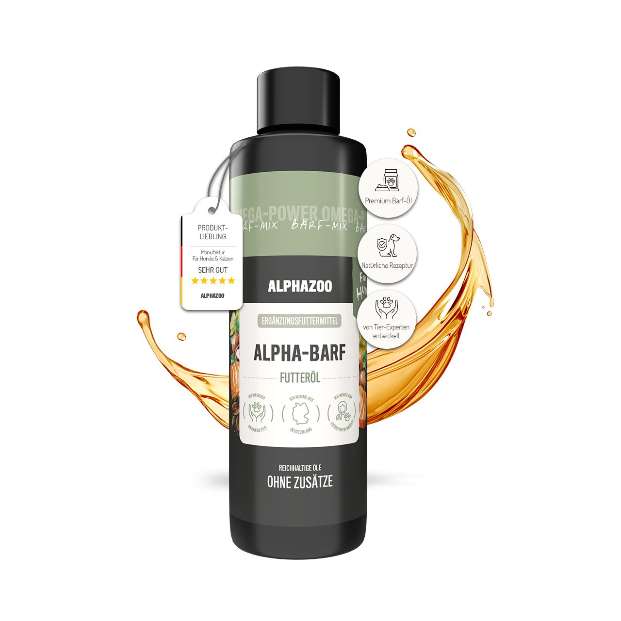 Schwarze Flasche mit Etikett. Aufschrift: ALPHA-BARF Futteröl. Mit Zertifizierungen und Produkt-Liebling Auszeichnung.