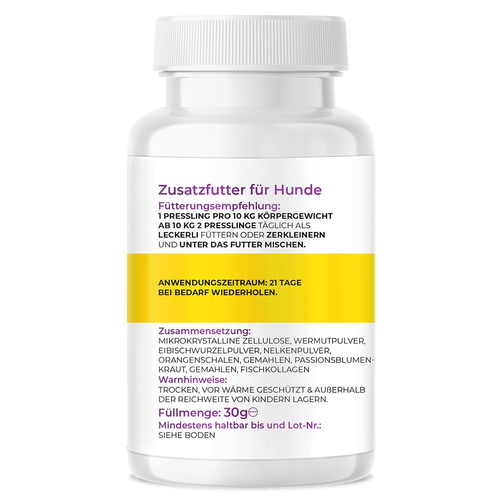 Weiße Flasche mit gelbem Etikett. Text: Zusatzfutter für Hunde. Inhaltsstoffe, Füllmenge 30g. Mindestens haltbar bis...
