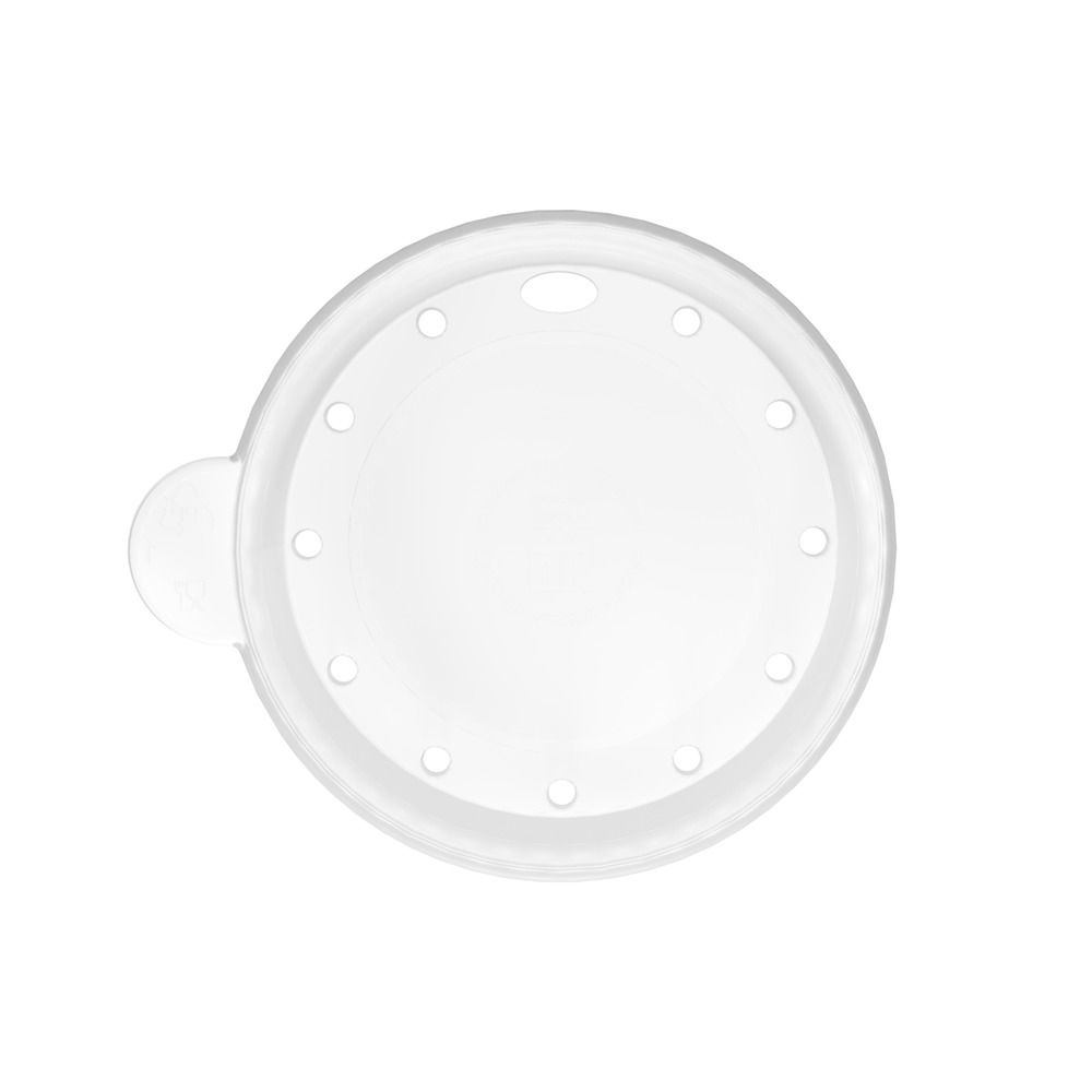 Weißer Trinkaufsatz mit Löchern und kleinem Griff. Draufsicht.