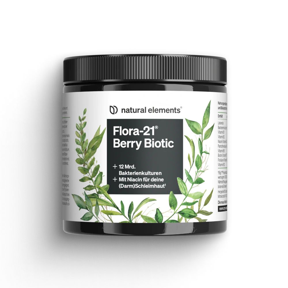 Schwarzes Glas mit Deckel. Aufschrift: natural elements Flora-21 Berry Biotic. Mit Blättern und Text. Produktname und weitere Informationen.