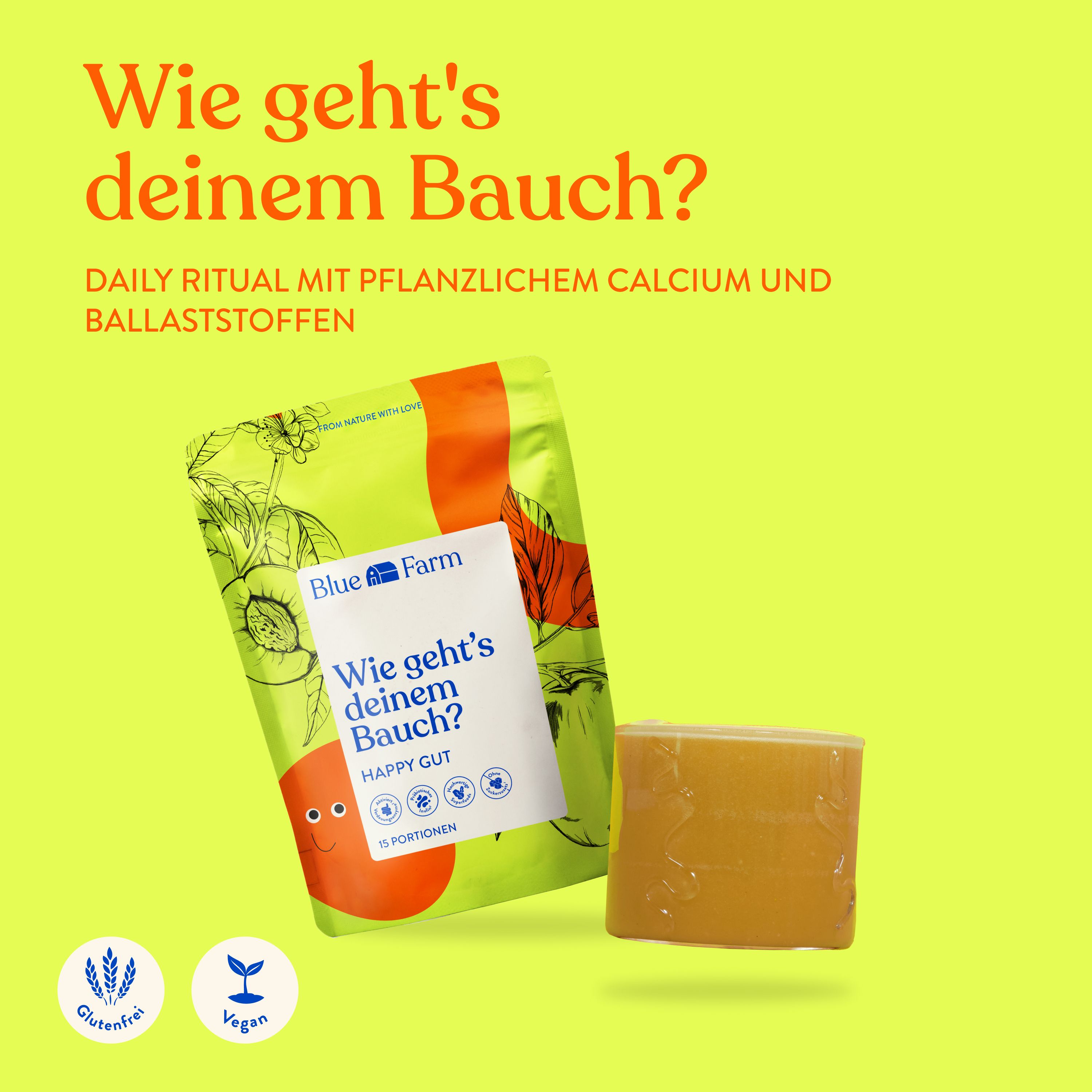 Produkt Happy Gut und Würfel. Aufschrift: Wie geht's deinem Bauch? Mit 15 Portionen. Glutenfrei und vegan. Hintergrund: gelb.