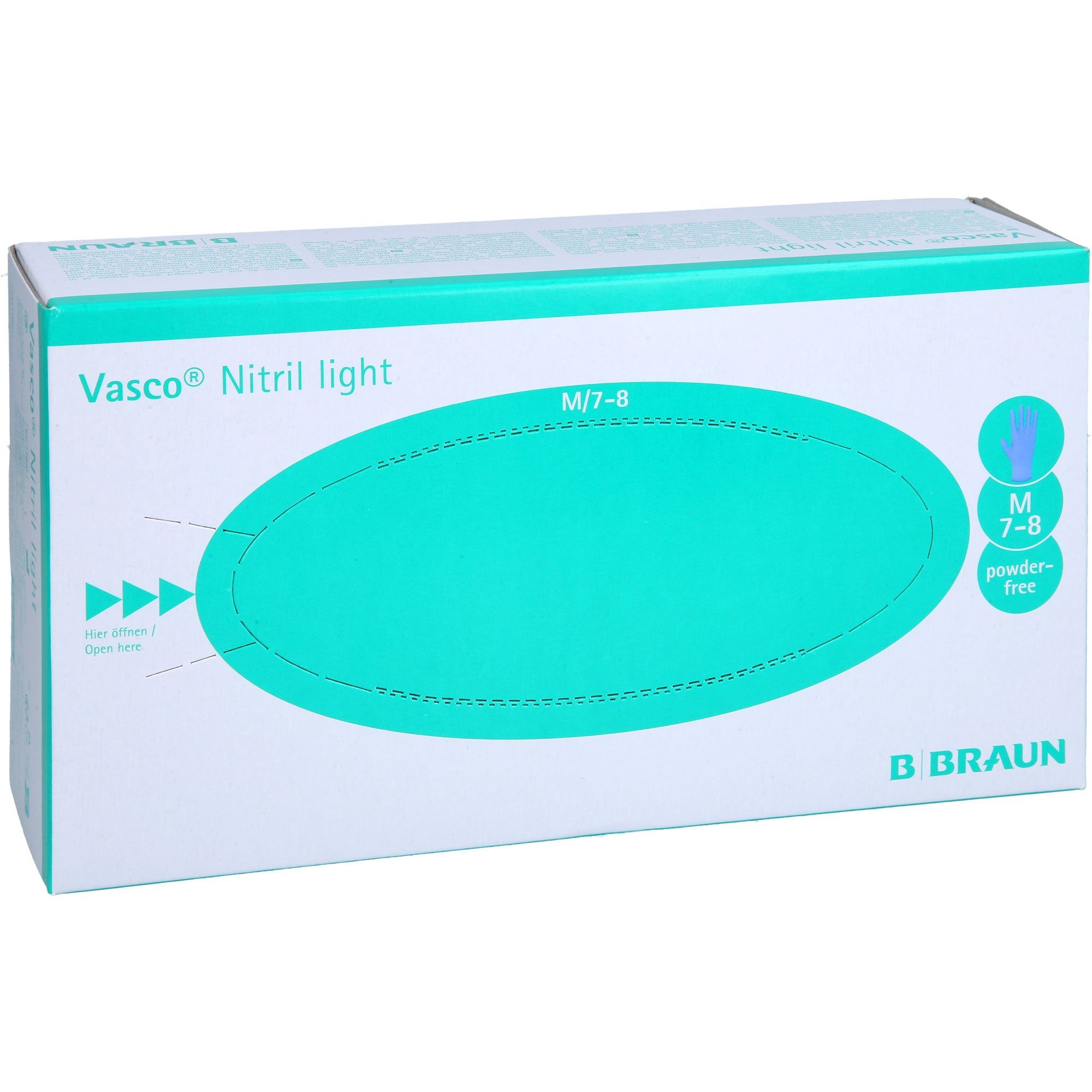 Verpackung B. Braun Vasco Nitril light Untersuchungshandschuhe, Größe M/7-8, puderfrei.