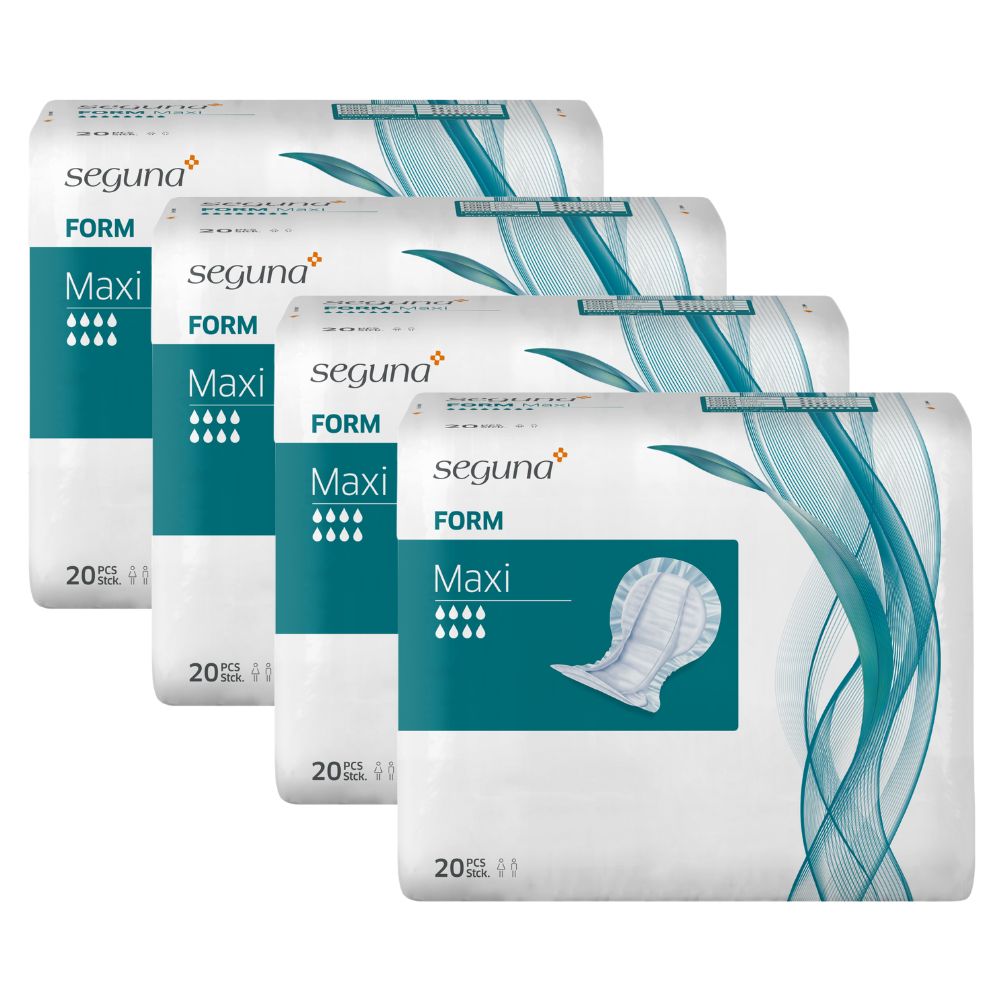 Vier Packungen SEGUNA Form Maxi. Weiße Verpackung mit türkisfarbenem Feld und Produktabbildung. Aufdrucke: Form, Maxi, 20 Stück.