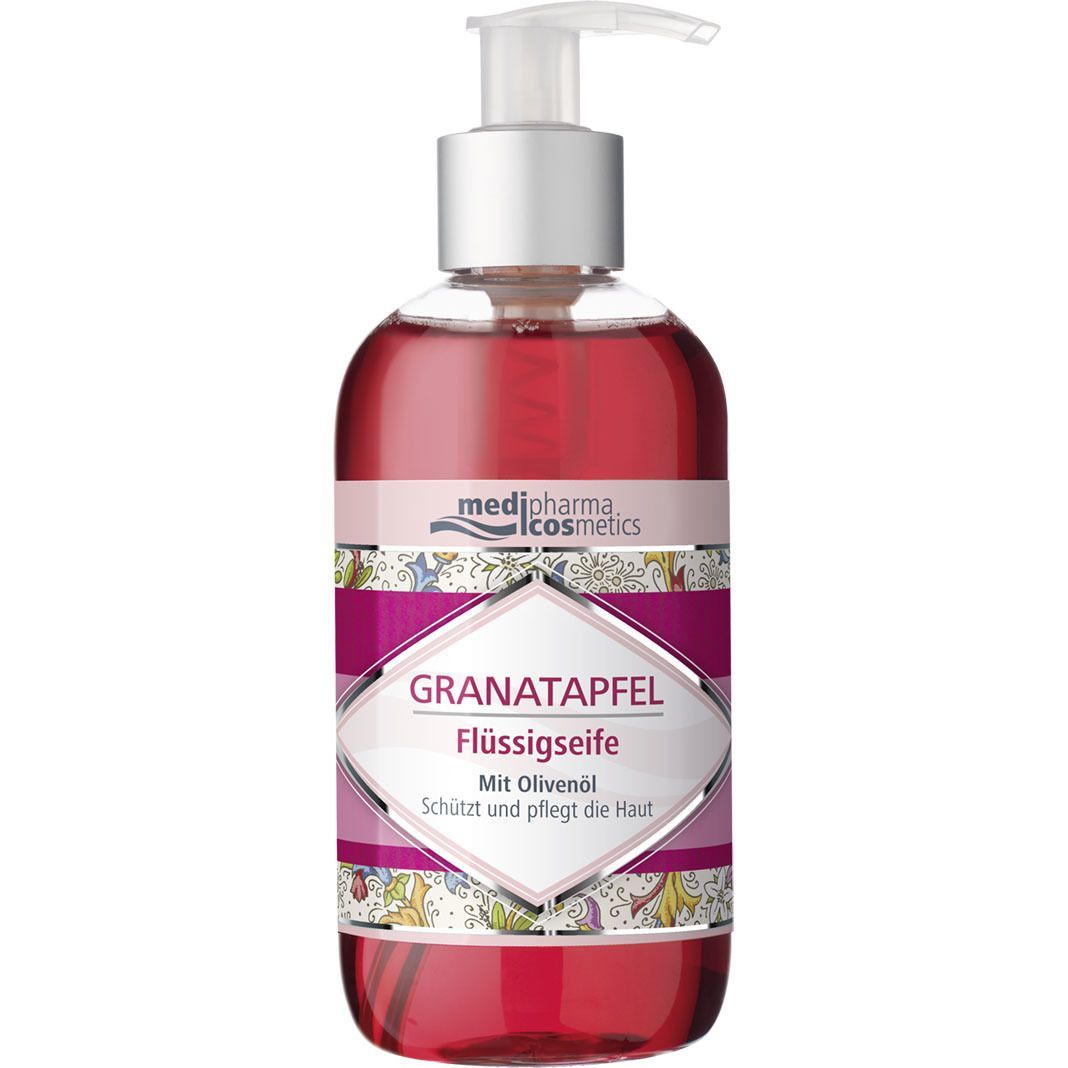 Flüssigseife mit Granatapfel und Olivenöl. Flasche mit Dosierpumpe. Marke: medipharma cosmetics.