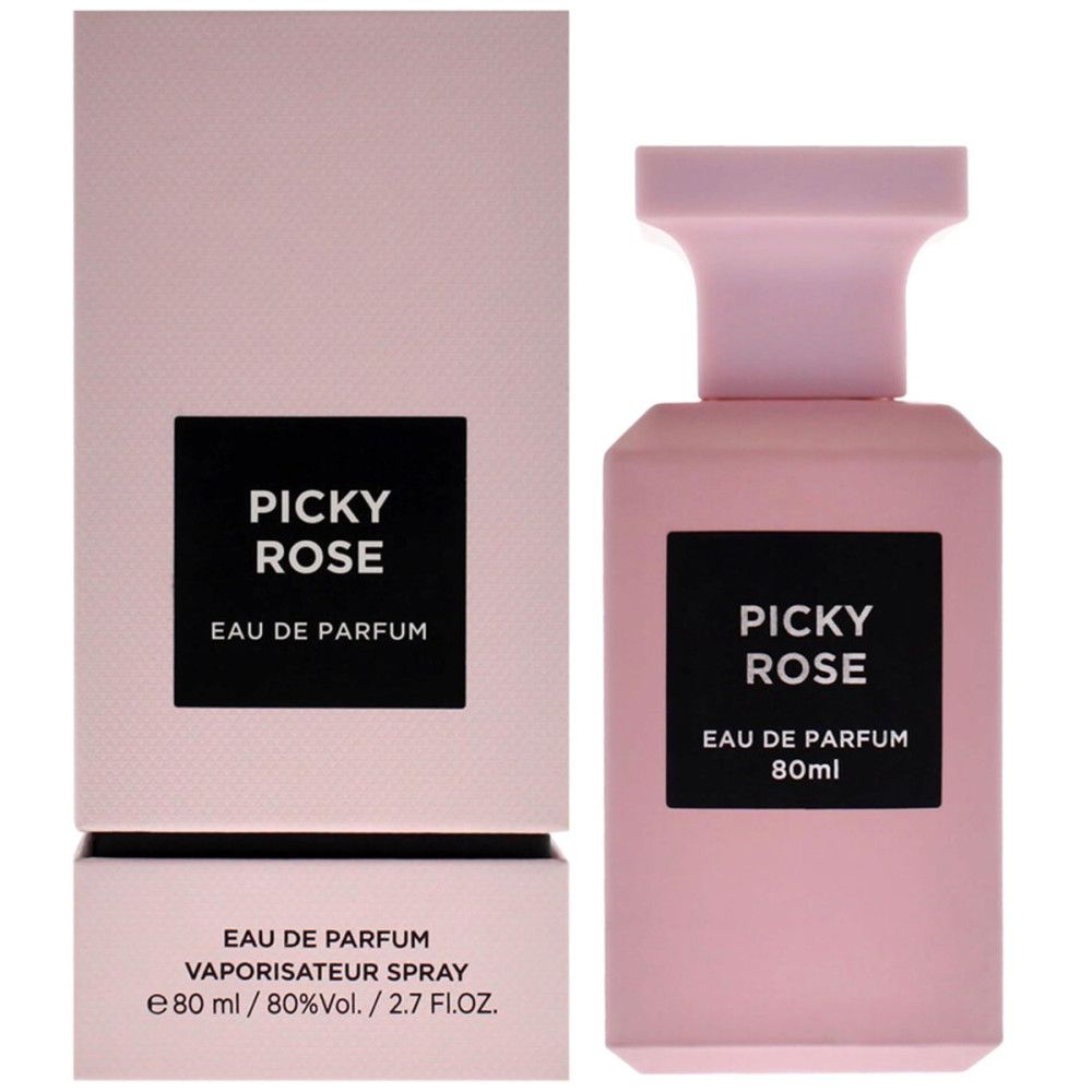 Rosa Flakon und Schachtel. Text: Picky Rose Eau de Parfum. 80ml.