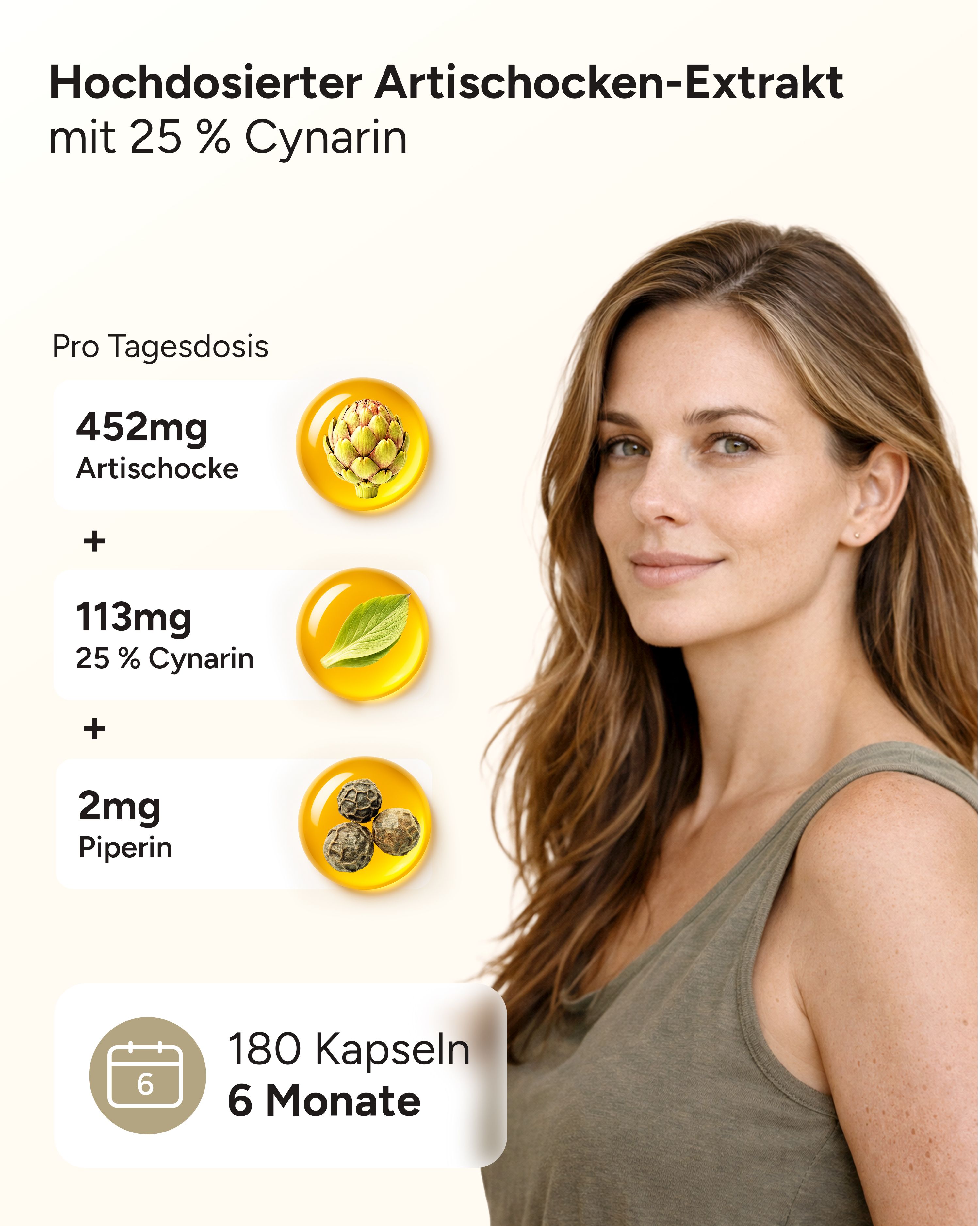Grafik mit Inhaltsstoffen: Artischocke, Cynarin, Piperin. Frau im Hintergrund. Text: Hochdosierter Artischocken-Extrakt.