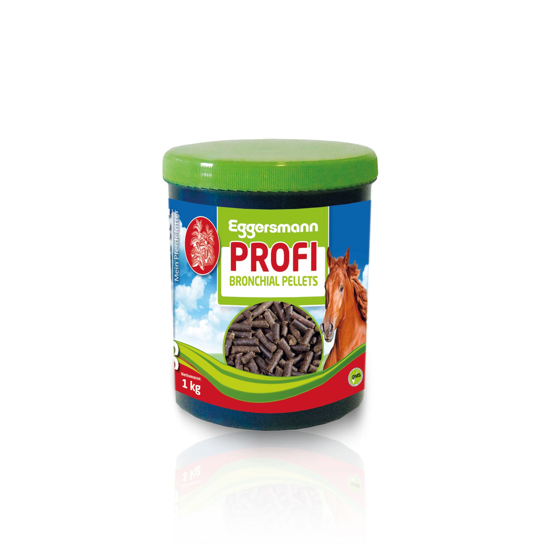 Runde Dose mit grünem Deckel. Etikett mit Produktname, Abbildung eines Pferdes und Pellets.