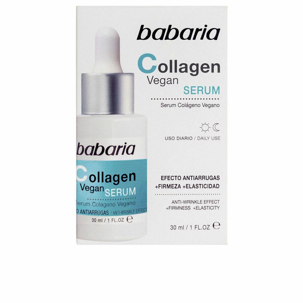 Babaria Collagen Vegan Serum. Flasche mit Pipette und Verpackung. Aufschrift: Collagen Vegan Serum, 30 ml.