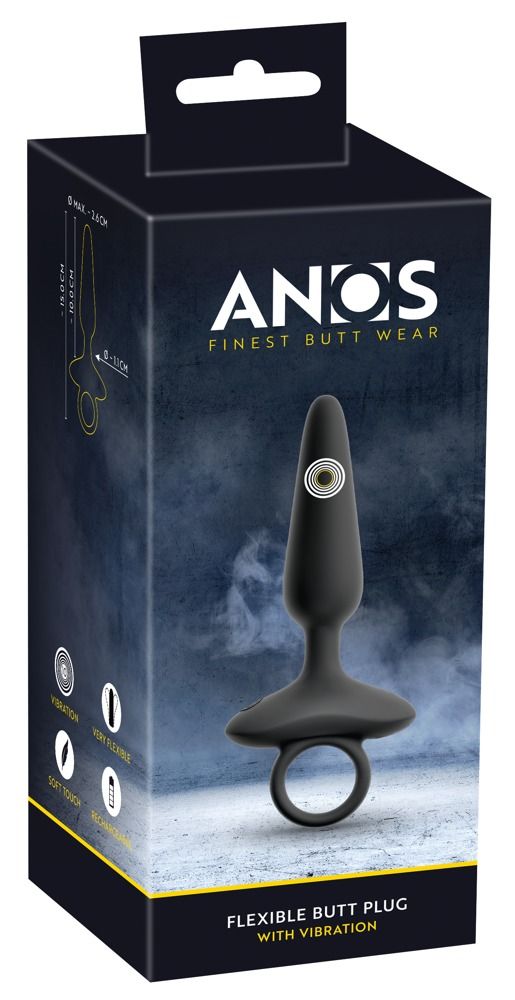 Verpackung mit schwarzem Analplug. Produktname: ANOS. Text: Finest Butt Wear, Flexible Butt Plug with Vibration.