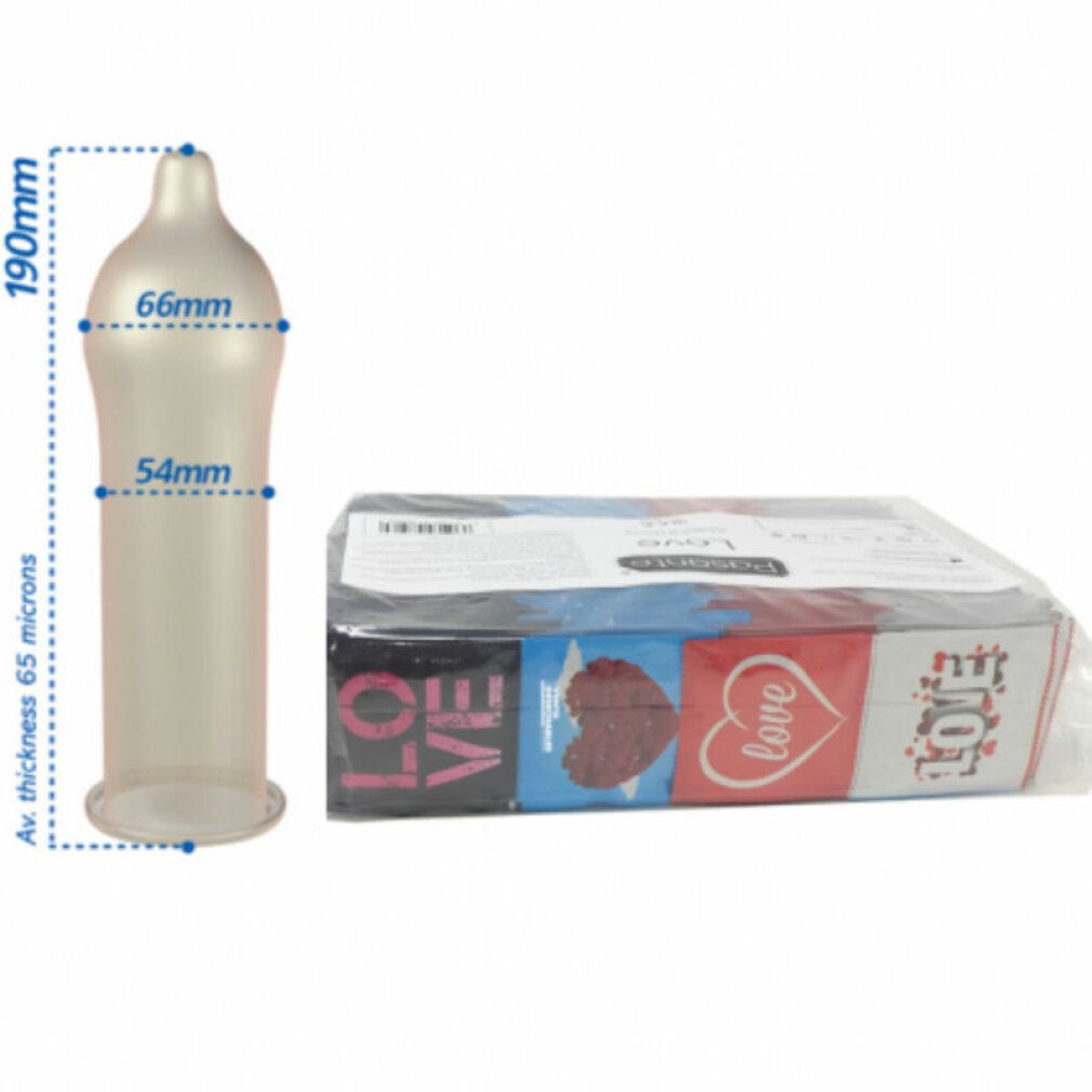 Kondom mit Maßen: 190mm Länge, 66mm Breite, 54mm Durchmesser. Verpackung mit Kondomen, sichtbar durch transparente Folie.