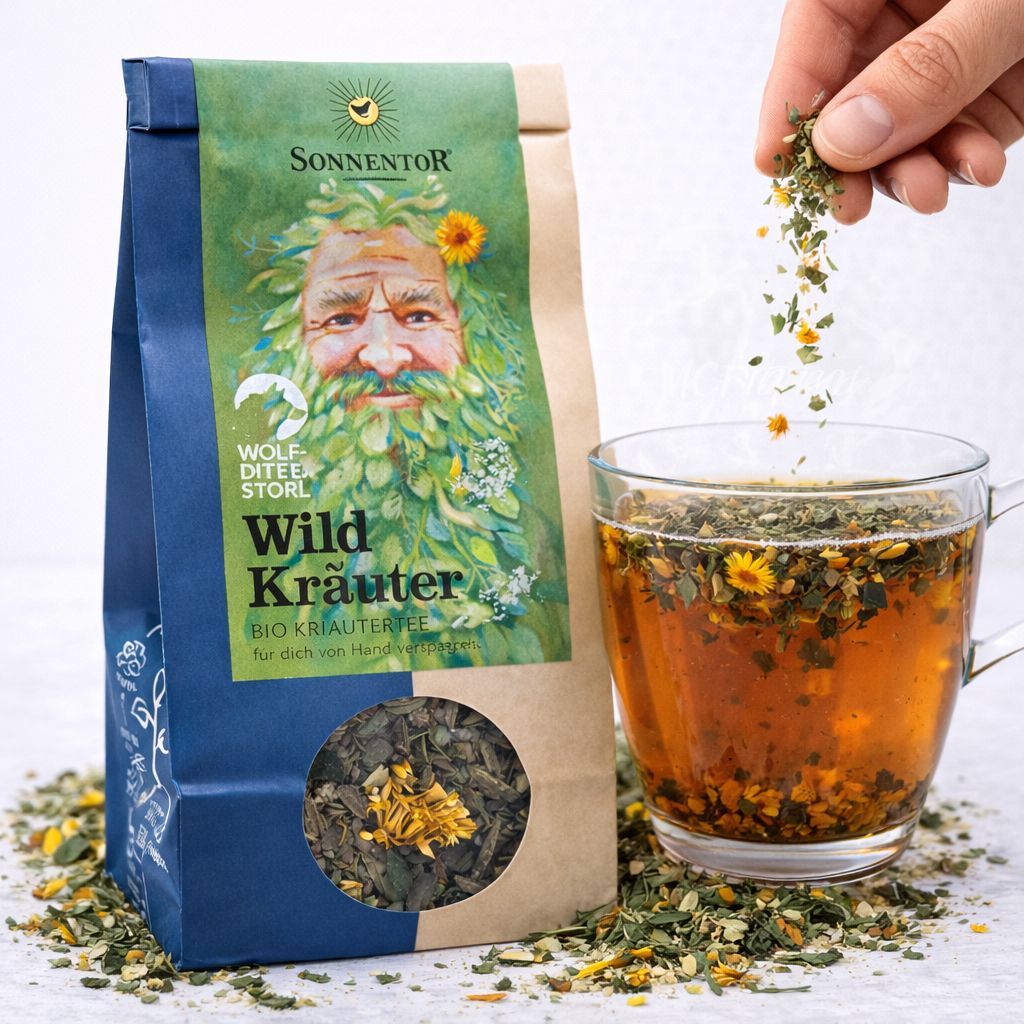 SonnenGarten Wildkräuter Tee lose im Beutel. Eine Hand streut Tee in eine Tasse mit bereits aufgebrühtem Tee.