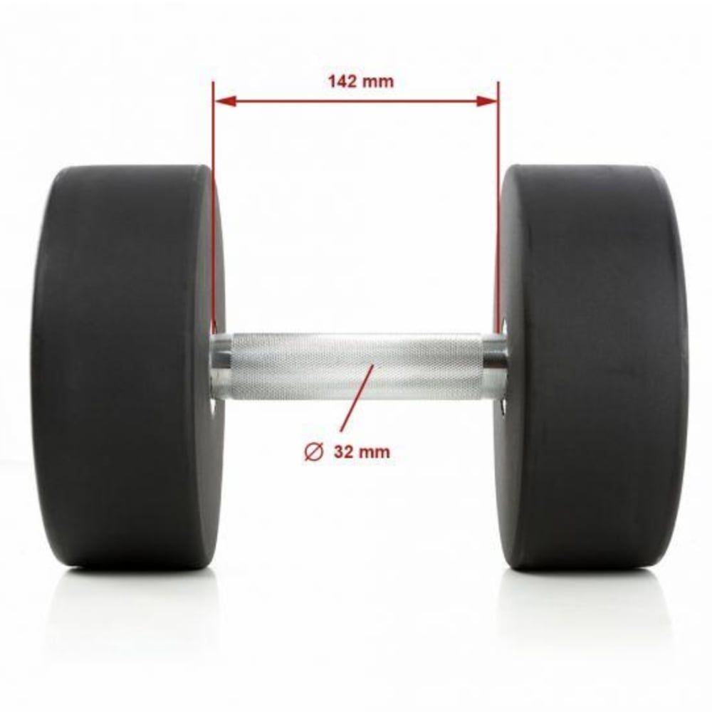Kurzhantel mit schwarzen Scheiben und silbernem Griff. Durchmesser 32 mm, Breite 142 mm.