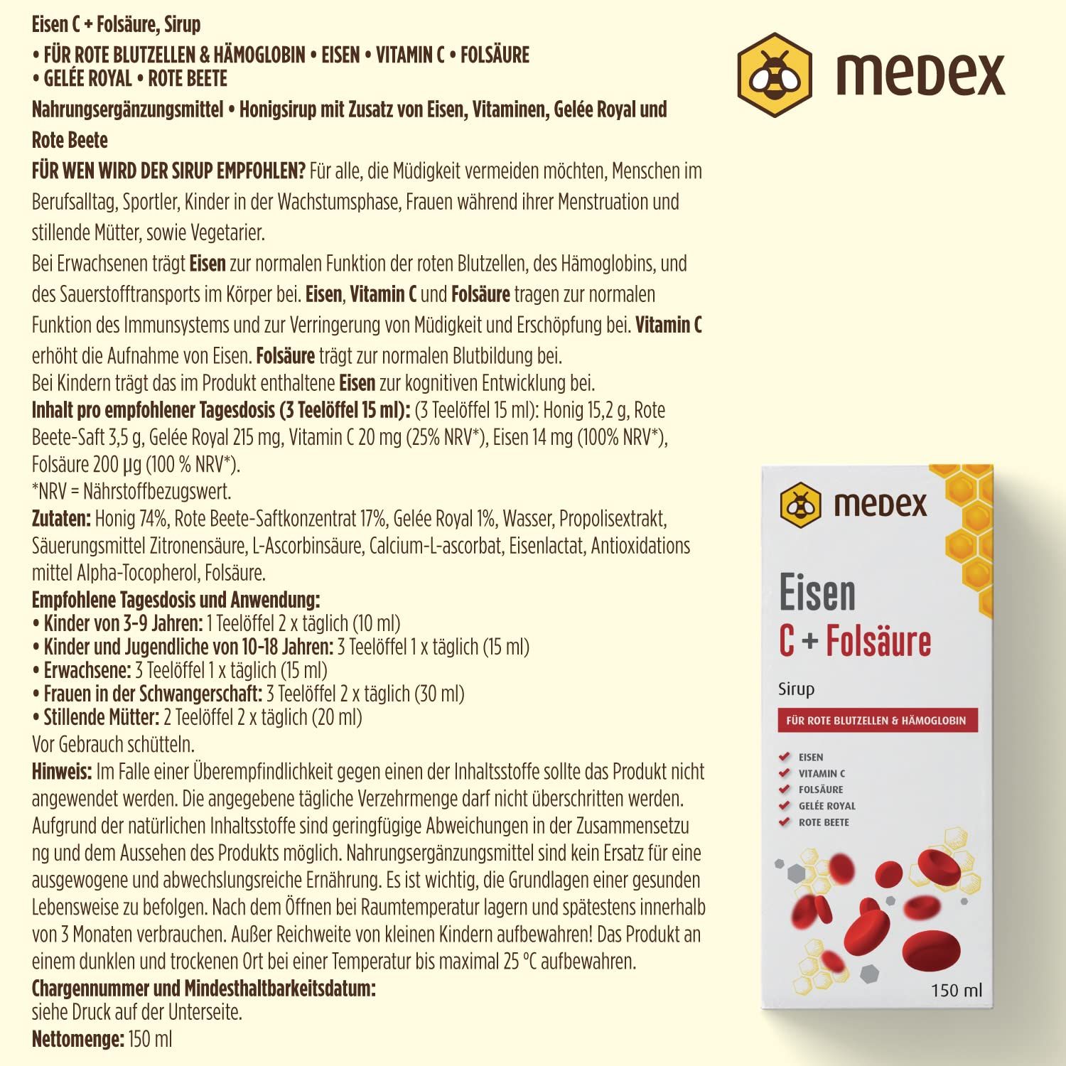 Text und Produktabbildung. Text: Eisen C + Folsäure Sirup. Für rote Blutzellen & Hämoglobin. Zutaten. Dosierung. Hinweise. Medex Logo.