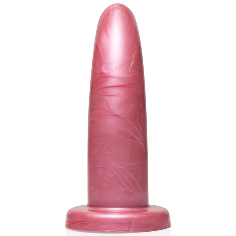 Rosa Dildo mit zylindrischer Form. Basis mit Schriftzug.