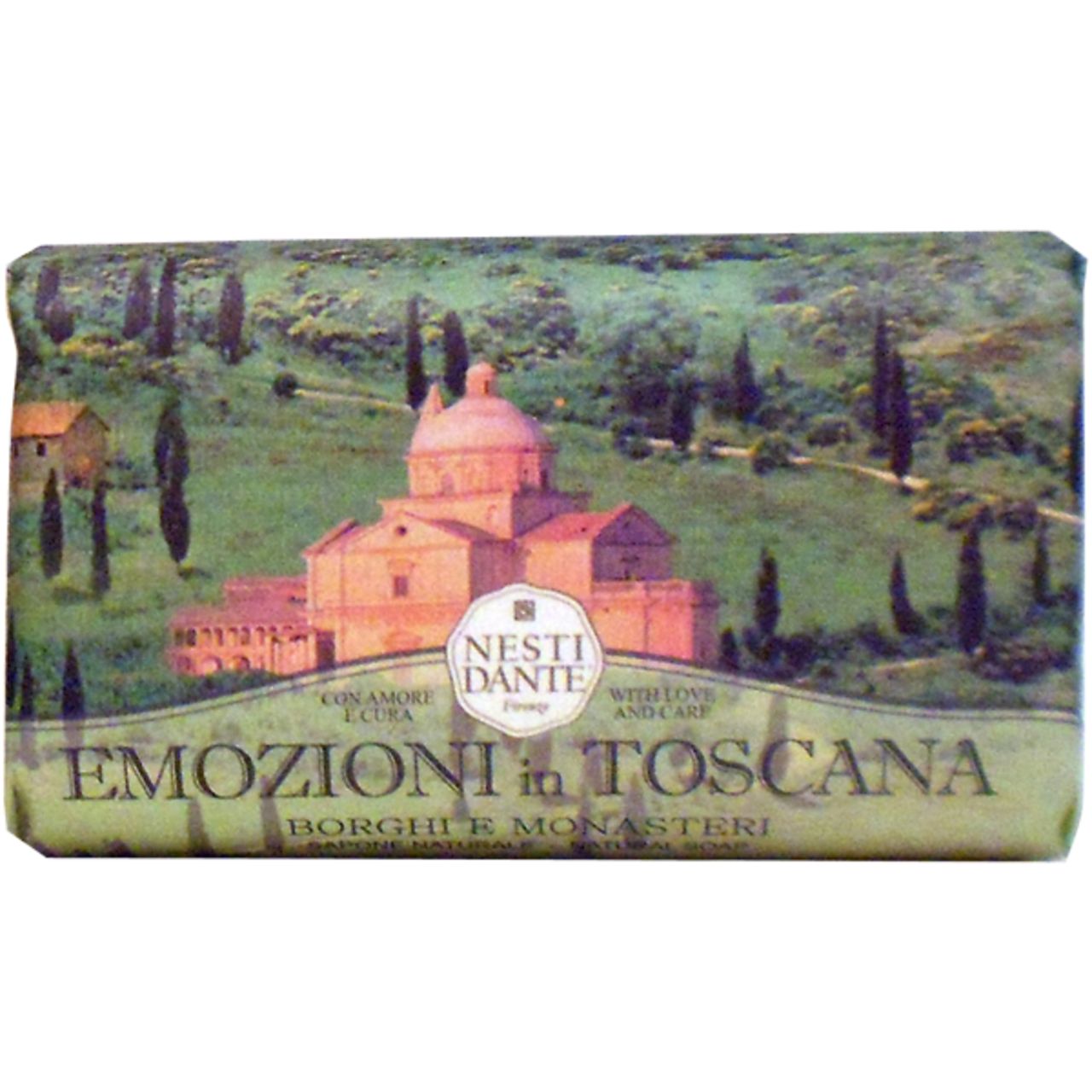 Savon avec paysage. Inscription : Emozioni in Toscana, Borghi & Monasteri. Marque : Nesti Dante.