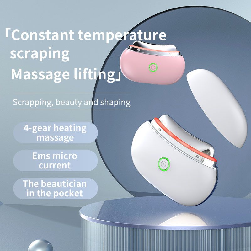 Zwei LED Gua Sha Gesichtslifting-Therapiegeräte, eines weiß, eines rosa, mit silberner Umrandung und grünem Einschaltknopf.