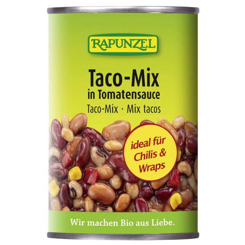 Zylindrische Dose mit Rapunzel Taco-Mix. Aufschrift: Taco-Mix in Tomatensauce. Mit Bohnenmischung. Aufkleber: ideal für Chilis & Wraps.