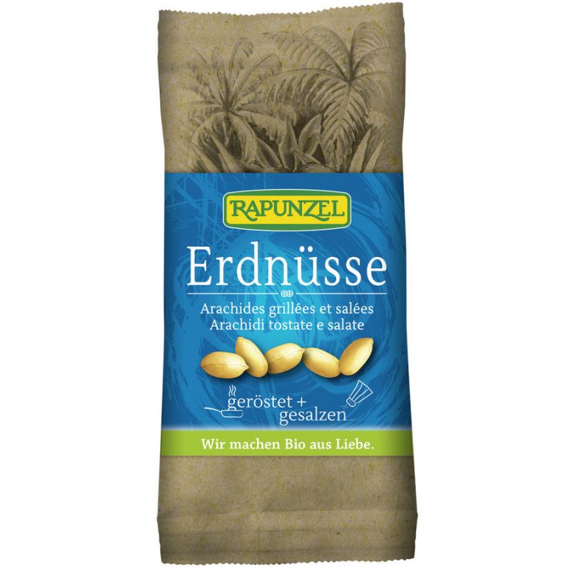 Verpackung mit Erdnüssen. Aufschrift: Rapunzel, Erdnüsse, geröstet + gesalzen. Enthält auch französische und italienische Übersetzungen.