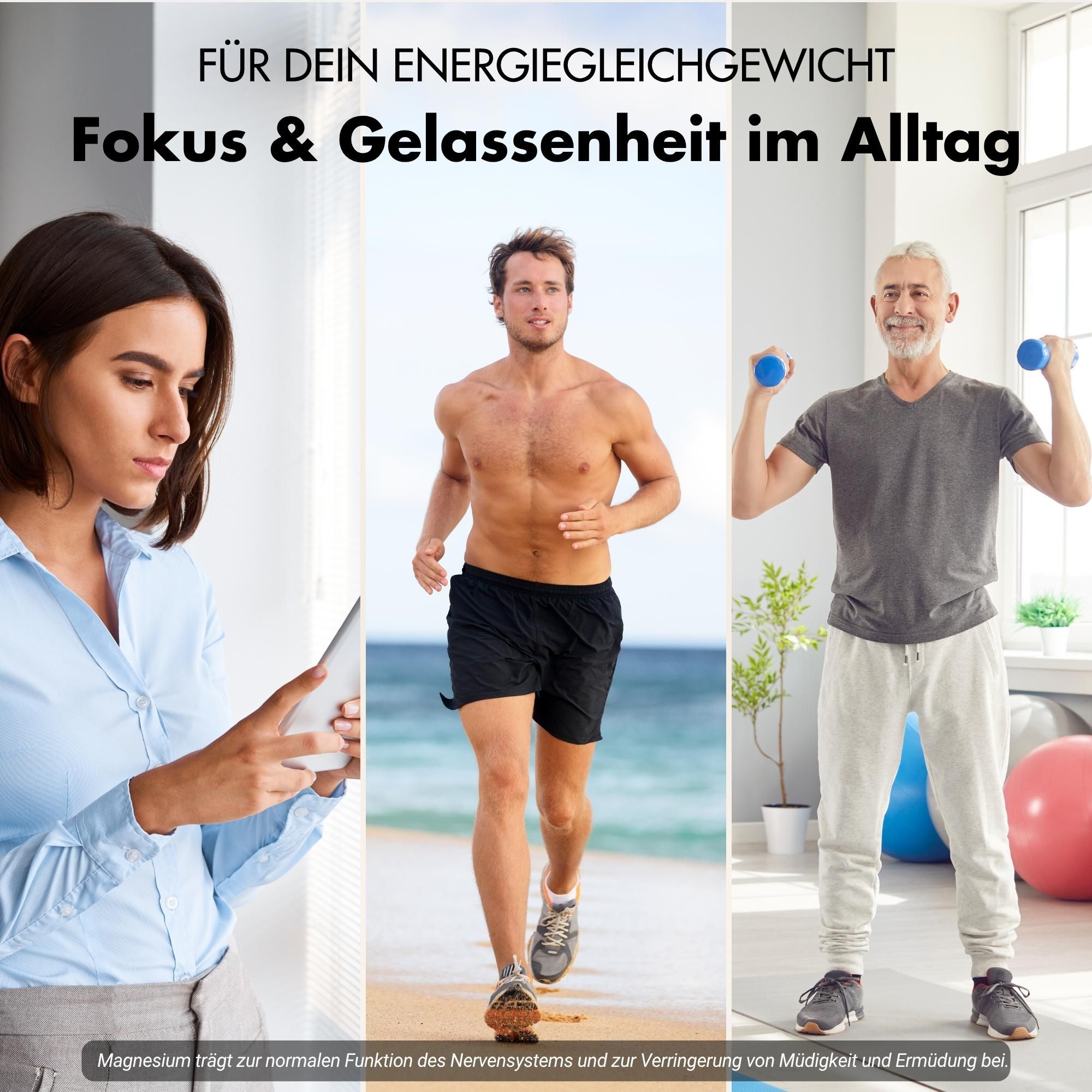 Drei Personen in verschiedenen Alltagssituationen. Text: Für dein Energiegleichgewicht. Fokus & Gelassenheit im Alltag.
