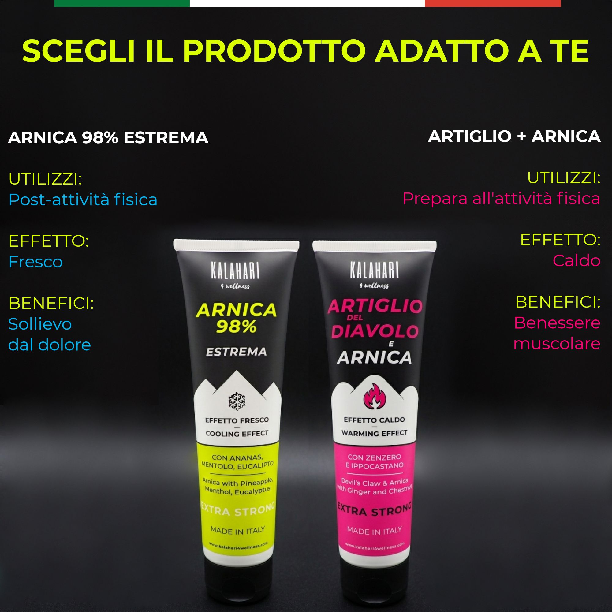Zwei Tuben KALAHARI: Arnika 98% (gelb) und Artiglio del Diavolo (pink).