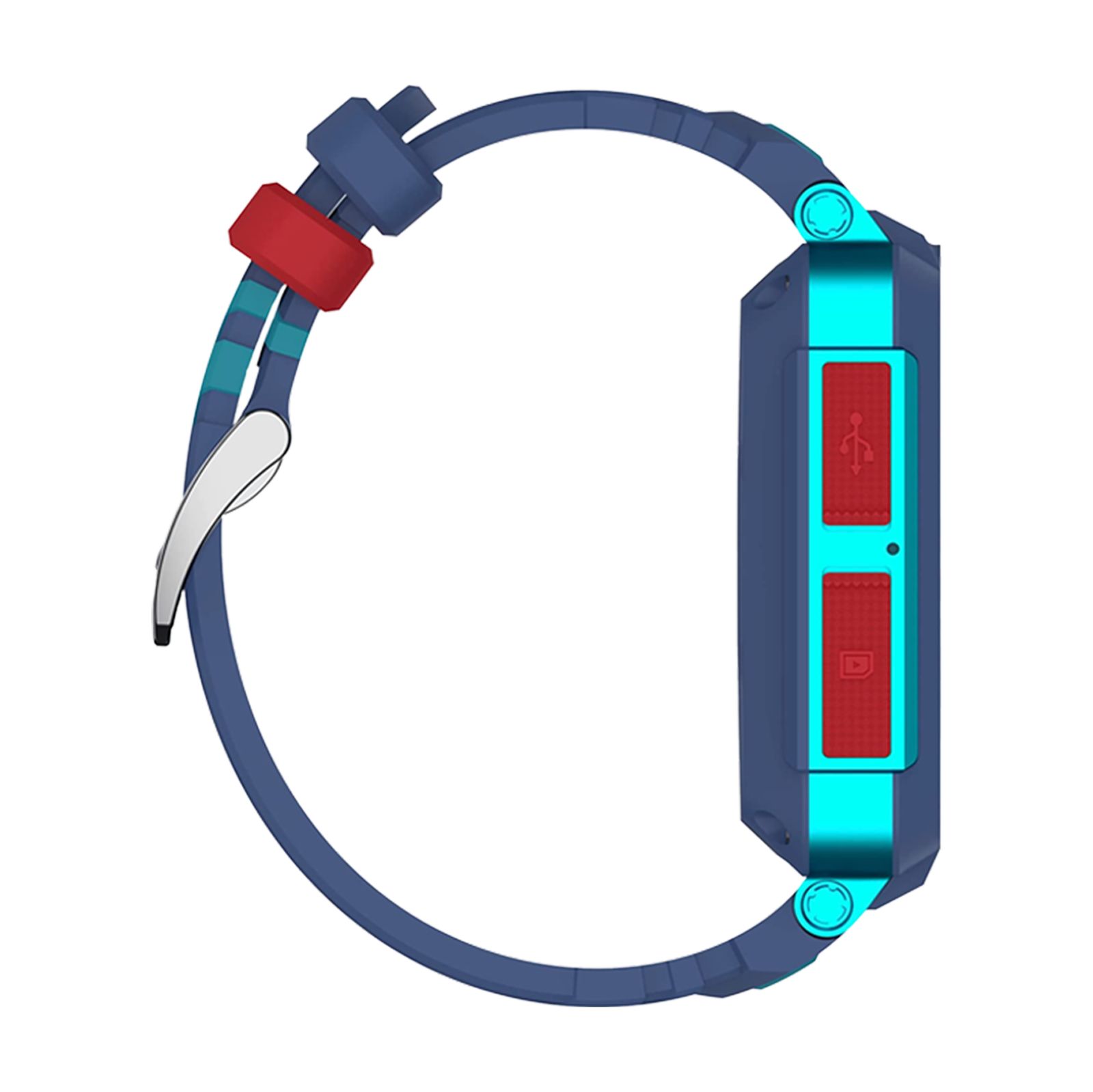 Seitenansicht der Smartwatch. Blaues Gehäuse mit roten Knöpfen. Blaues Armband mit silberner Schnalle.