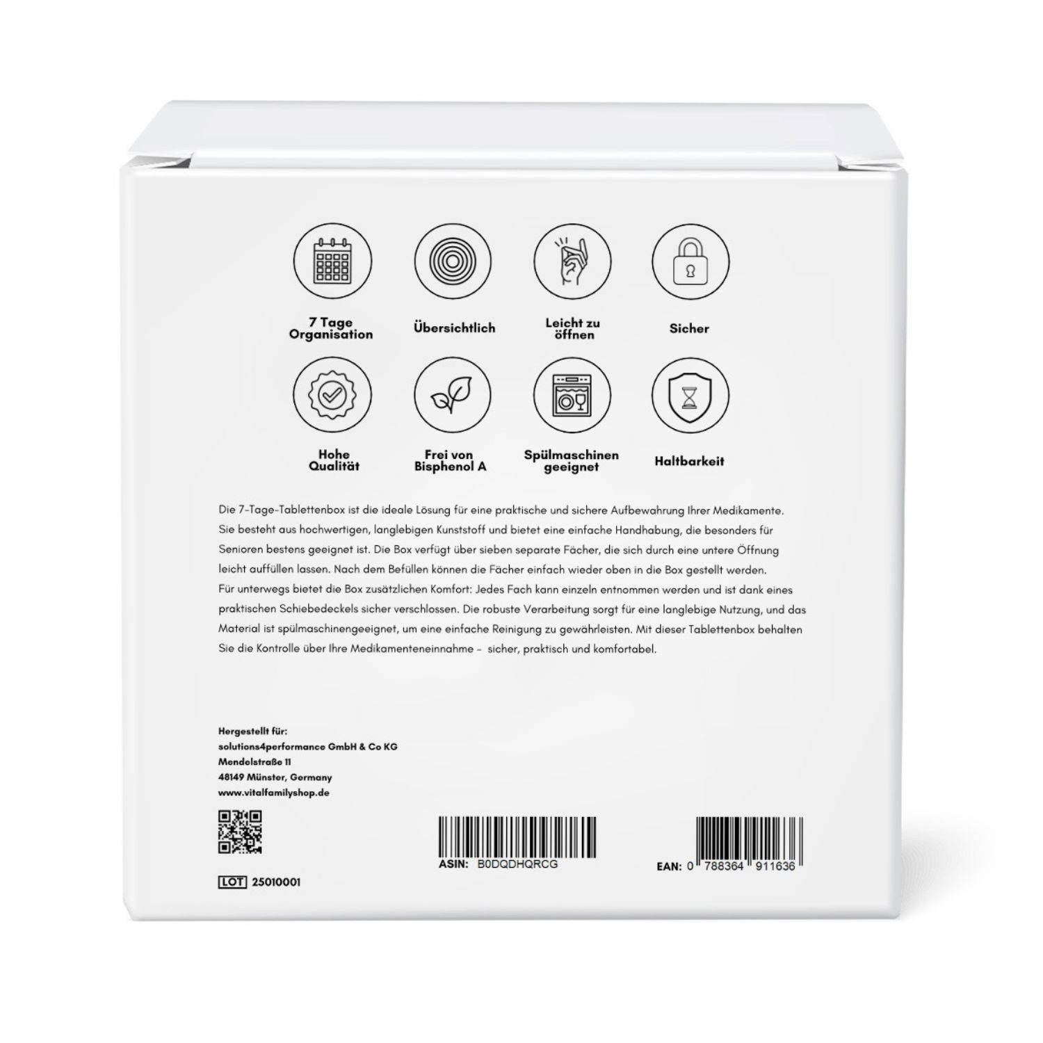 Weiße Verpackung der Tablettenbox. Text: 7 Tage Organisation, BPA-frei, spülmaschinenfest.