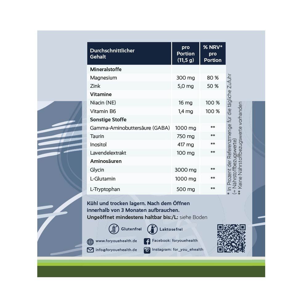 Nährwerttabelle. Angaben pro Portion und % NRV. Mineralstoffe, Vitamine, sonstige Stoffe, Aminosäuren. Glutenfrei, laktosefrei. Kontaktinformationen und QR-Code.