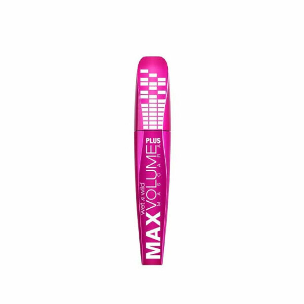 Wet n Wild Max Volume Plus Mascara. Pinke Hülle mit weißem Muster. Schwarze Schrift: MAX VOLUME, PLUS, Mascara. Marke: Wet n Wild.