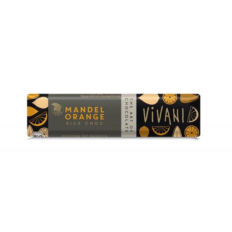 Schokoriegel mit Aufschrift "Mandel Orange Rice Choc" und "Vivani". Verpackung mit Mandeln und Orangen. Bio-Siegel.