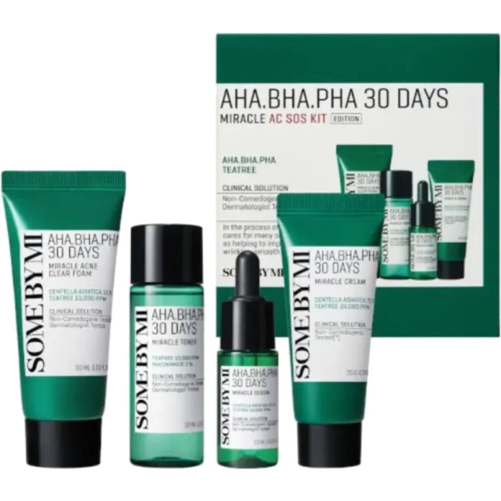 Some By Mi AHA-BHA-PHA 30 Days Miracle AC SOS Set: Miracle Cream, Miracle Serum, Miracle Toner, Miracle Acne Clear Foam.
