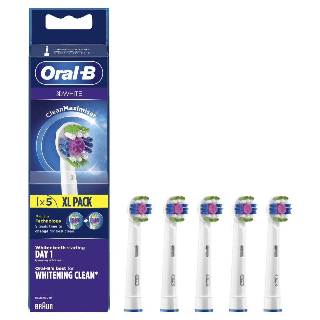 Verpackung mit fünf Aufsteckbürsten. Aufschrift: Oral-B, 3D White, CleanMaximiser. Fünf Aufsteckbürsten daneben.