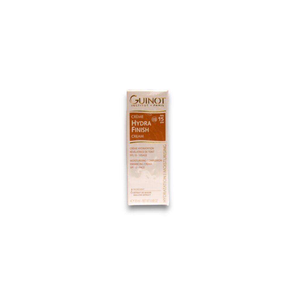 Produktverpackung. Weiß mit braunem Text. Produktname und Marke sichtbar. Crème Hydra Finish Face Cream.