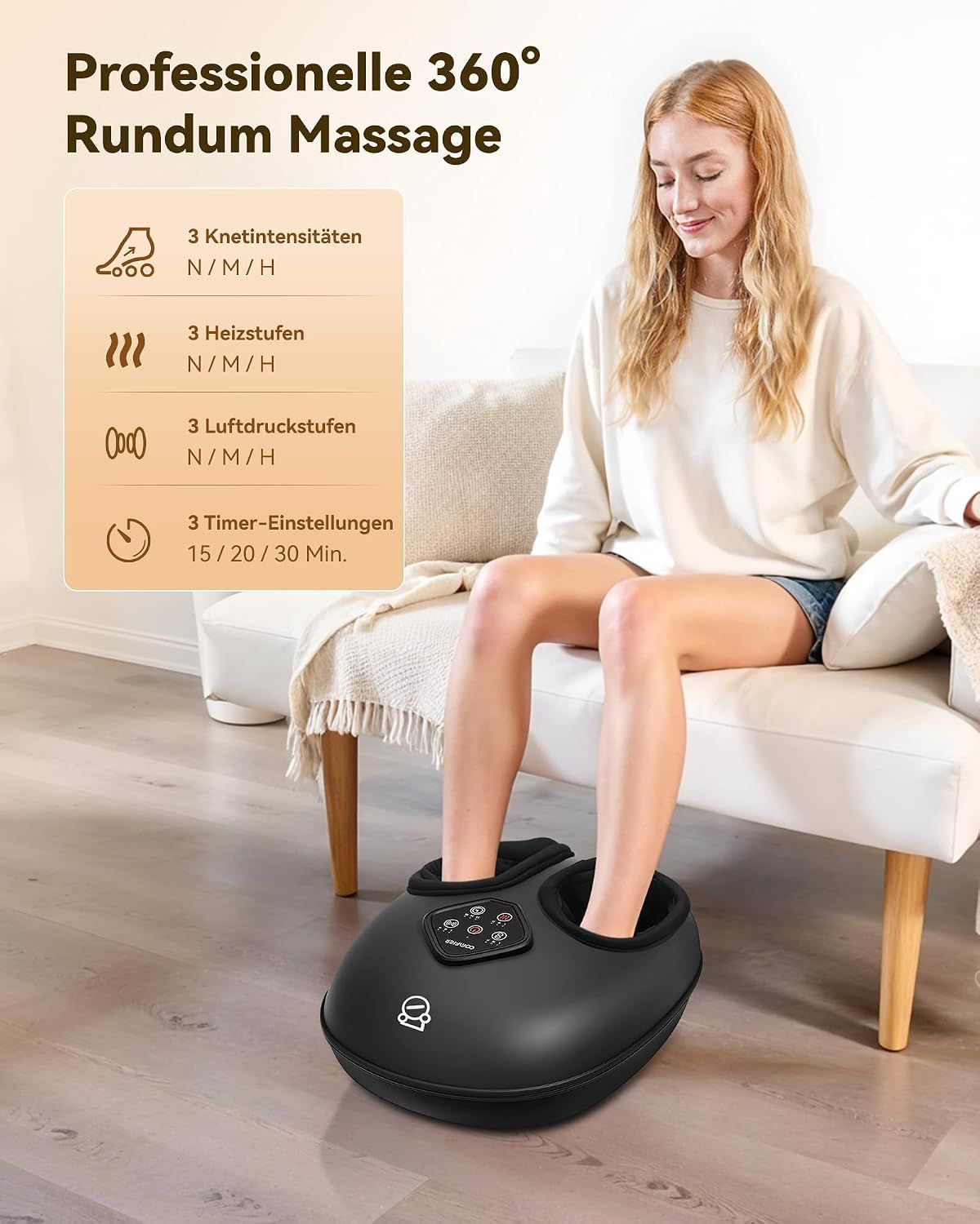Schwarzes Fußmassagegerät mit 3 Intensitäts-, Heiz- und Luftdruckstufen sowie Timer-Einstellungen.