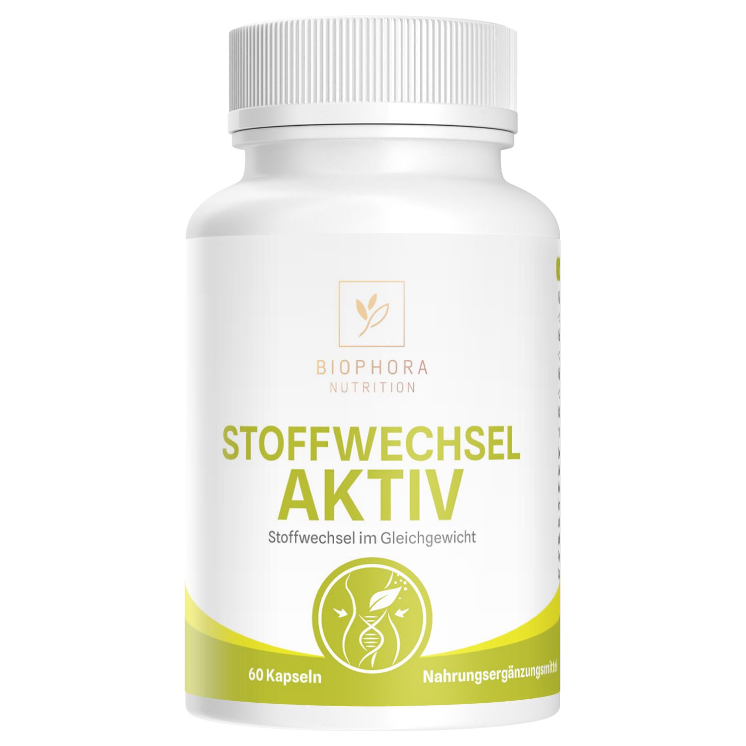 Weiße Kapsel-Dose mit gelbem Akzent. Text: Biophora Nutrition, Stoffwechsel Aktiv, 60 Kapseln, Nahrungsergänzungsmittel.