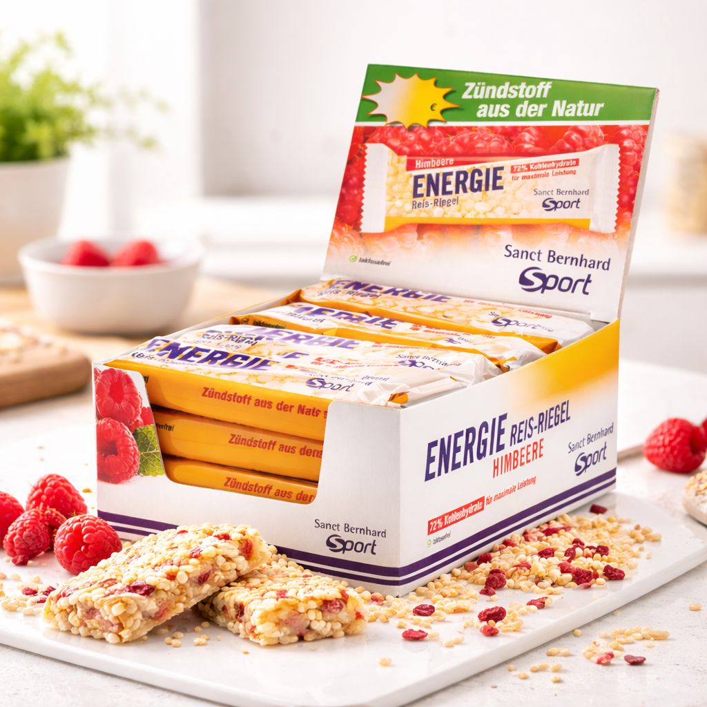Verpackung mit Sanct Bernhard Sport Energie Reis-Riegeln, Himbeergeschmack.
