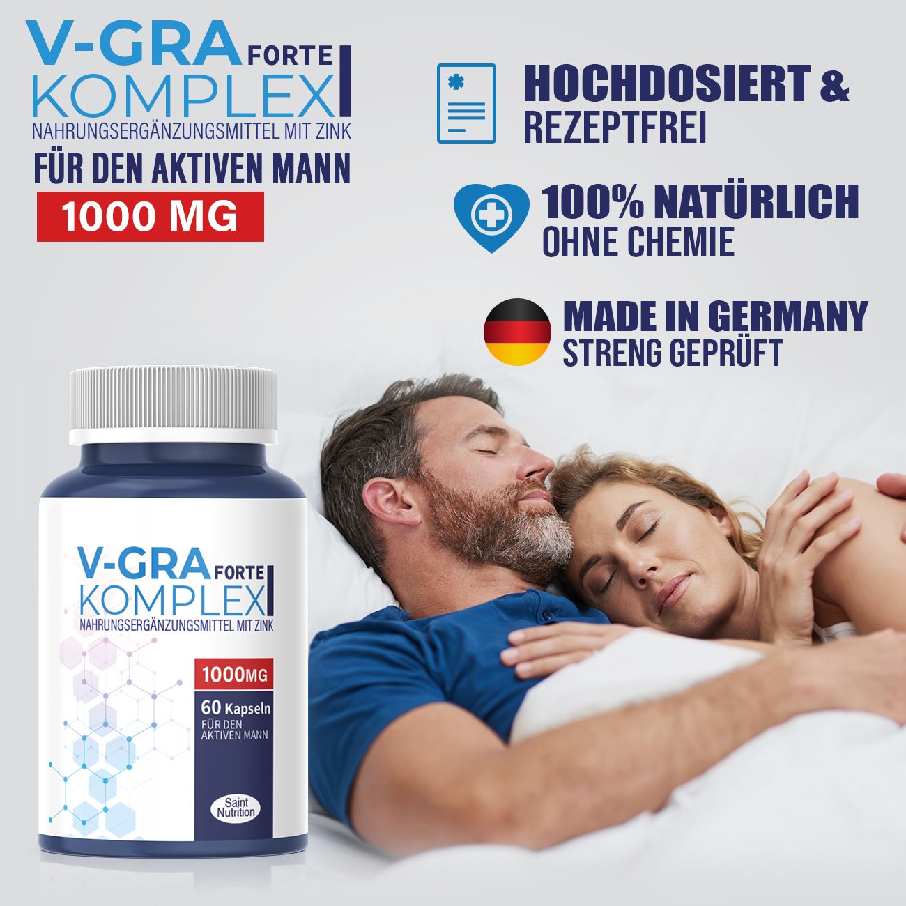 Produktflasche neben einem schlafenden Paar. Text: Hochdosiert & rezeptfrei, 100% natürlich ohne Chemie, Made in Germany.