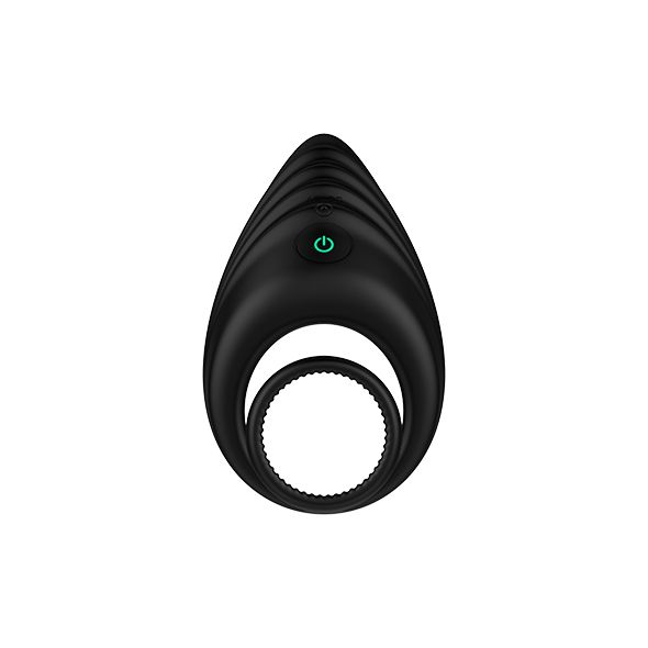 Schwarzer Vibrationsring mit geriffelter Oberfläche und Power-Taste. Ein kleiner Ring ist unten angebracht.