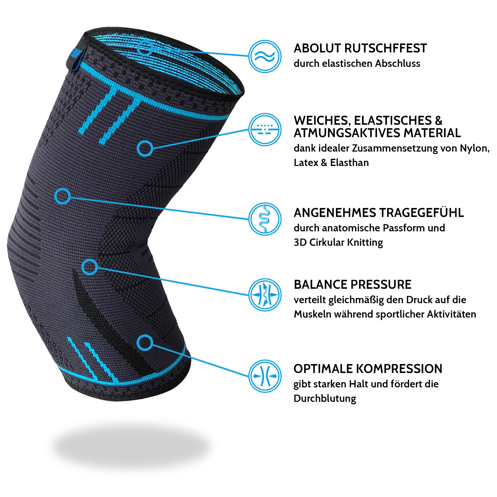 Ellenbogenbandage, grau-schwarz. Anatomische Passform. Material: Nylon, Latex, Elasthan. Mit Text.