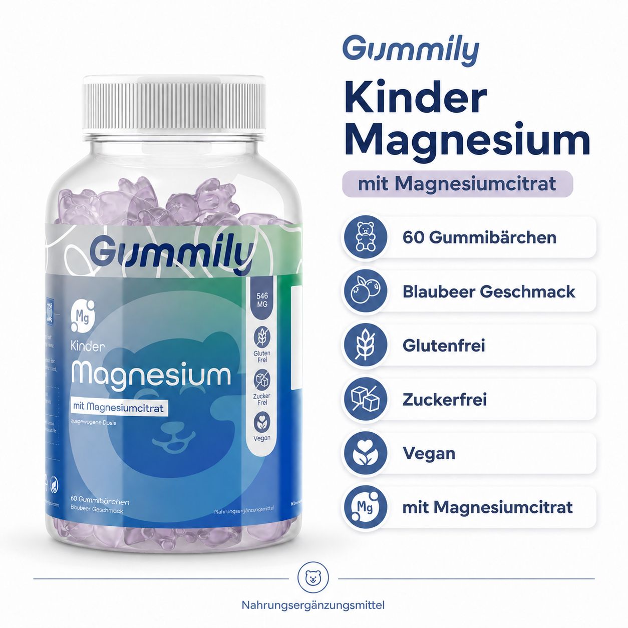 Gummily Kinder Magnesium Flasche mit 60 Gummibärchen, Blaubeergeschmack, vegan, glutenfrei.