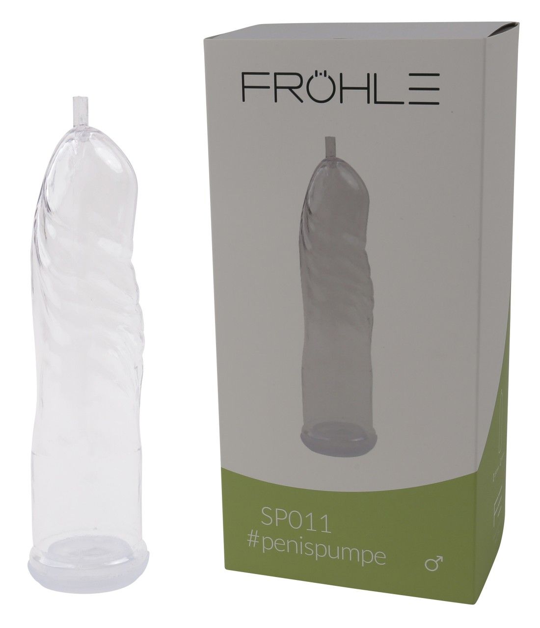 Produkt und Verpackung. Transparenter Zylinder neben Box. Box mit Aufschrift: FRÖHLE, SP011 #penispumpe. Grüner Streifen, männliches Symbol.