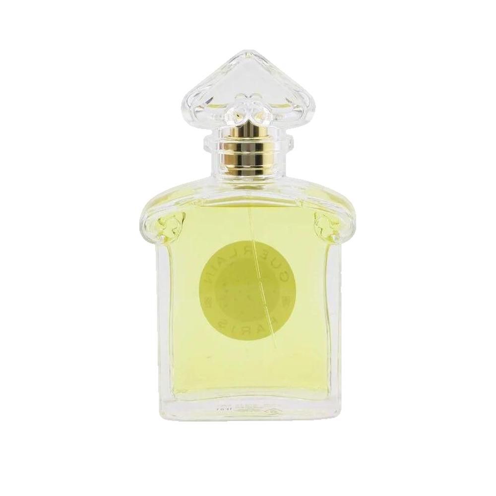 Guerlain L'Heure Bleue Eau de Toilette Flakon. Quadratische Glasflasche mit goldener Kappe. Gelbe Flüssigkeit sichtbar. Blauer Kreis mit Text.