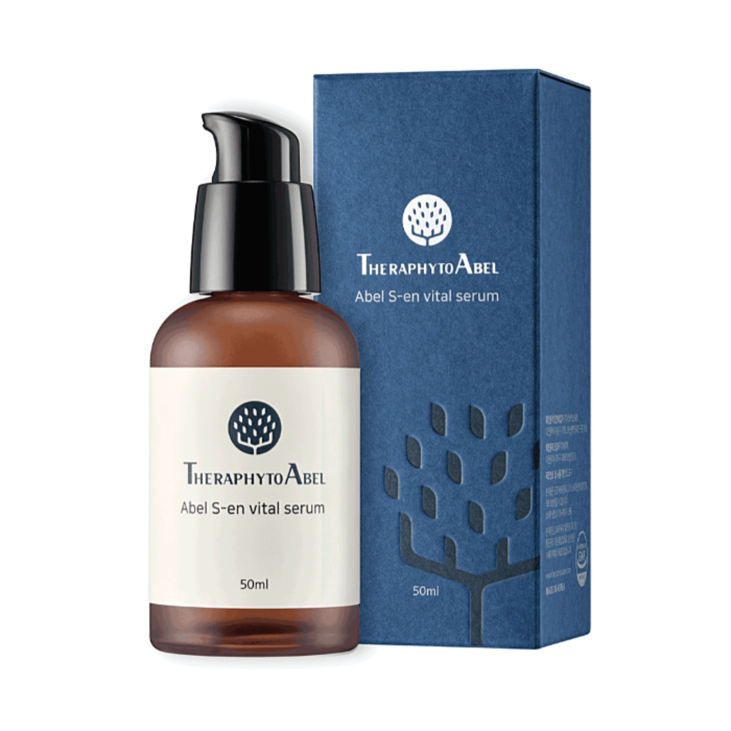 Braune Serumflasche mit schwarzem Pumpkopf und blauer Verpackung. Aufschrift: Theraphyto Abel, Abel S-en vital serum.