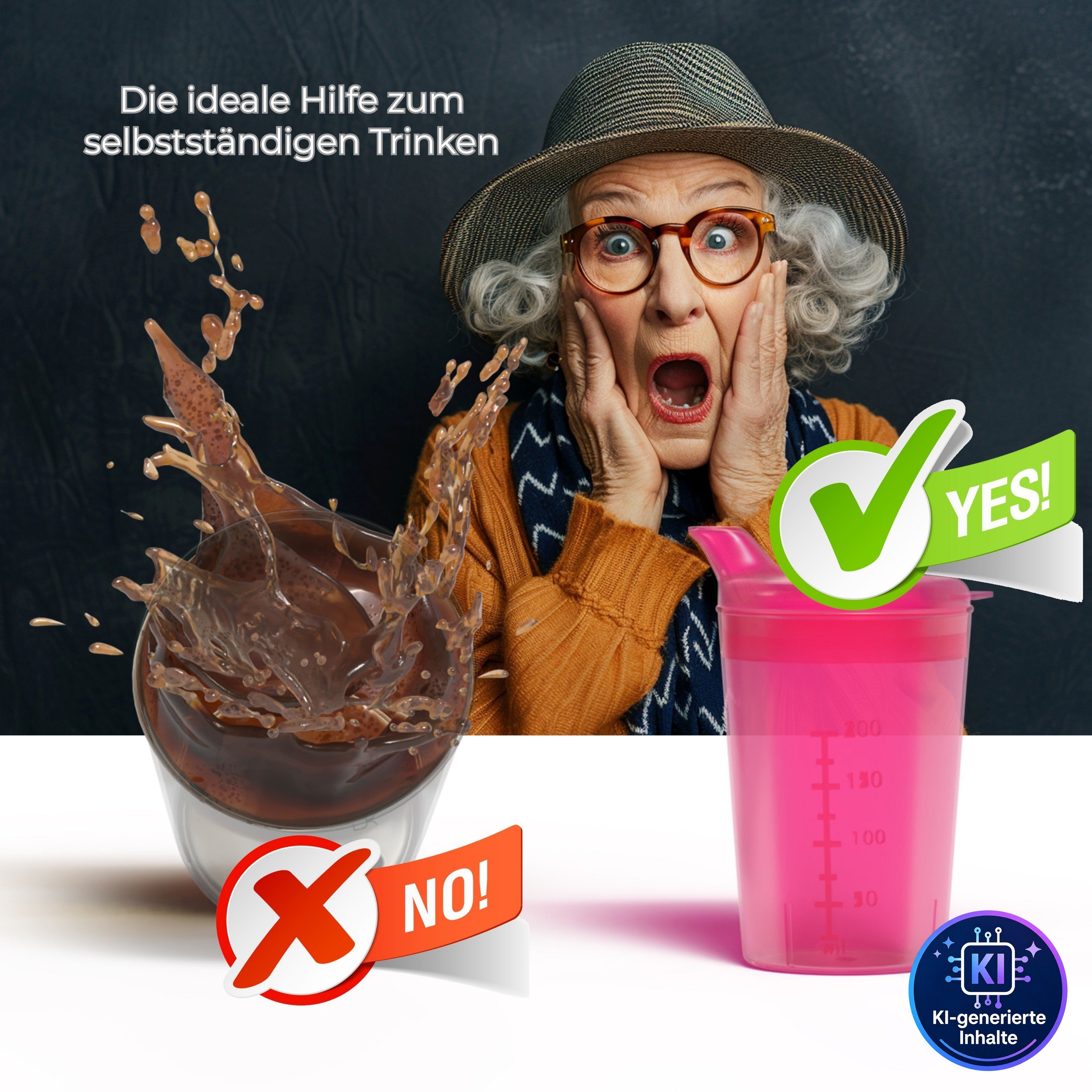 Pinkfarbener Schnabelbecher mit Messskala, neben einer schockierten älteren Frau und verschüttetem Getränk.